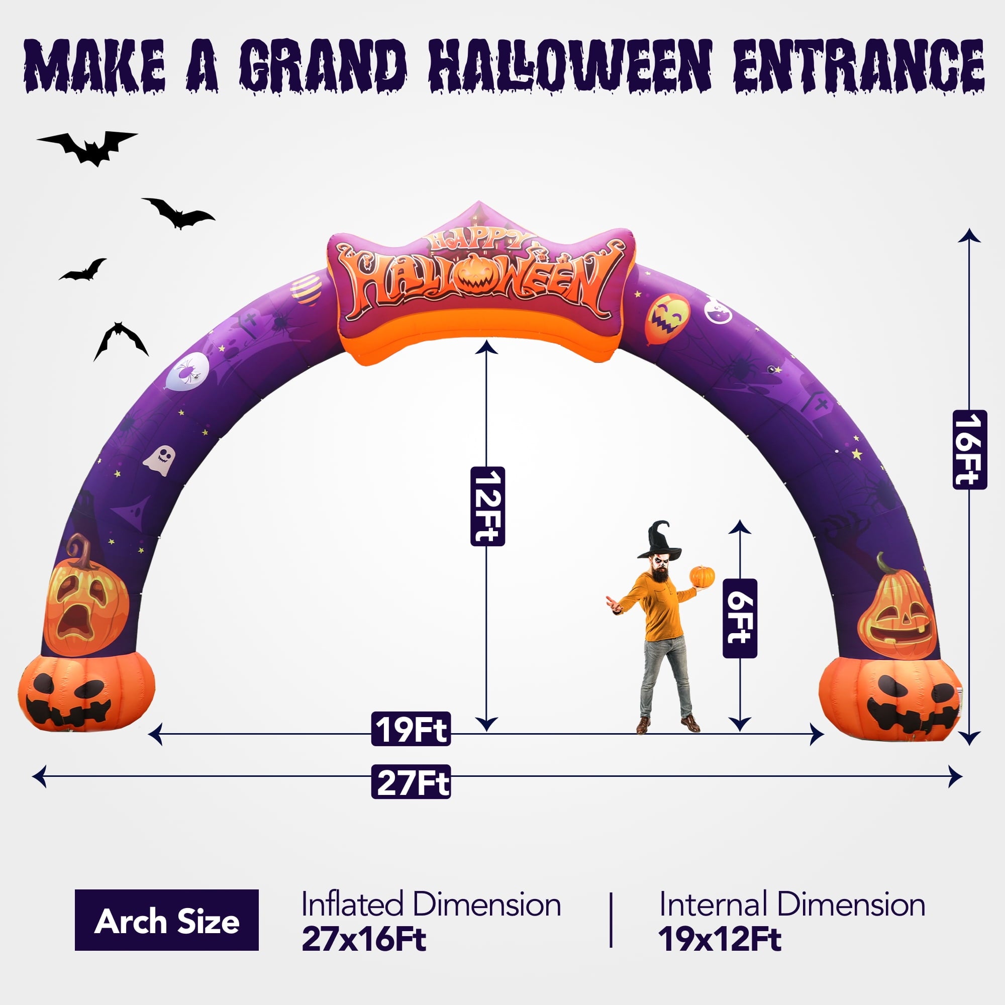 Wellcomer 27ft Halloween Giant Inflatable Pumpkin Arch with Built-in Blower - Halloween Outdoor Decor