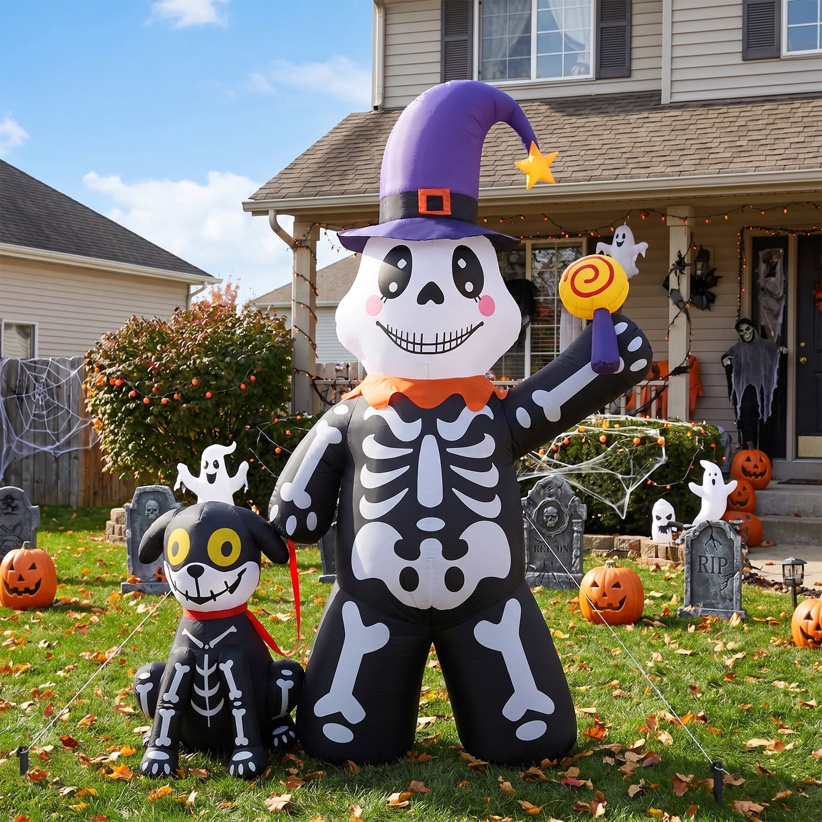 Halloween Inflatables Decorations Skeleton and Dog, Halloween Blow ups Yard Decorations Outdoor for Garden Lawn