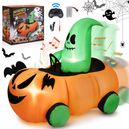 (2 pack) 2.6ft Halloween Inflatable with Music and Lights,Remote Control Pumpkin Ghost Car,Blow ups Rc Car,Indoor Outdoor,Orange Green
