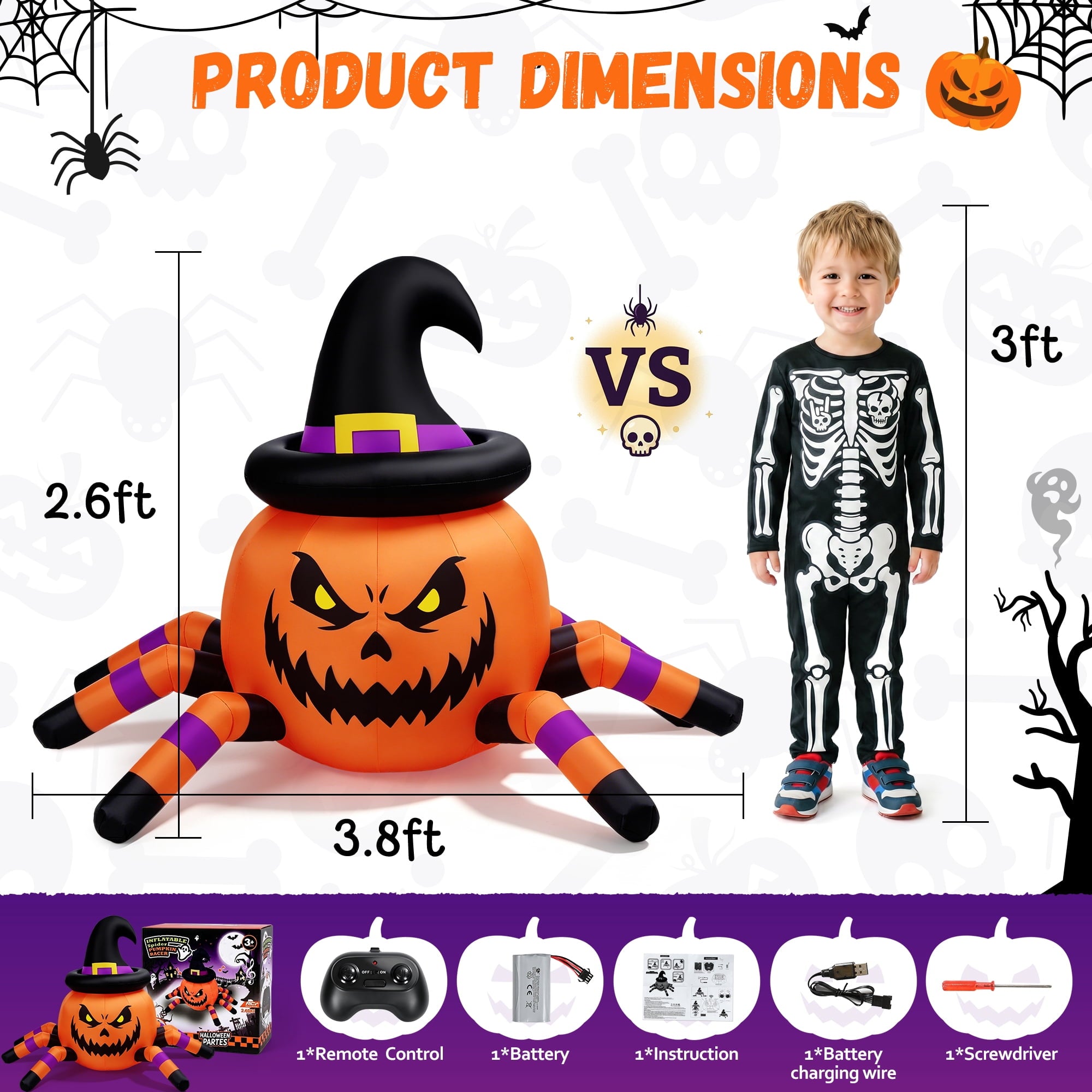 (2 pack) 2.6ft Remote Control Halloween Inflatable with Music Lights,Pumpkin Spider Car Blow ups Rc Car,Indoor Outdoor Decorations