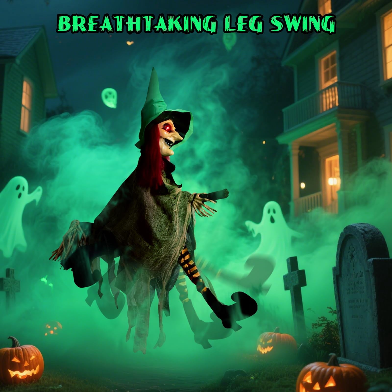 Halloween LED Light-Up Flying Witch on Broomstick, Realistic Sound & Motion, Scary Animated Decoration with Kicking Legs for Yard, Party, Haunted House Green