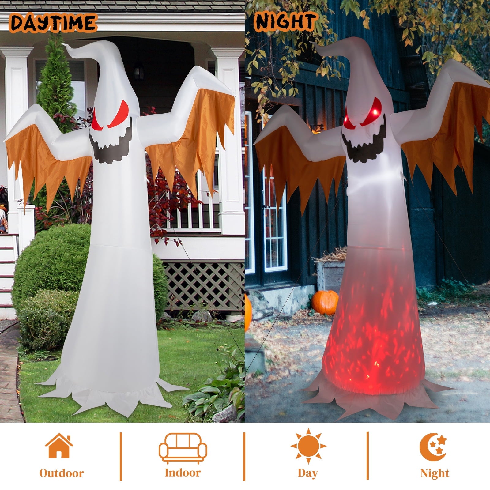 12FT Halloween Inflatables Ghost Outdoor Halloween Decoration w/ Scary Flames,4pcs LED Lights