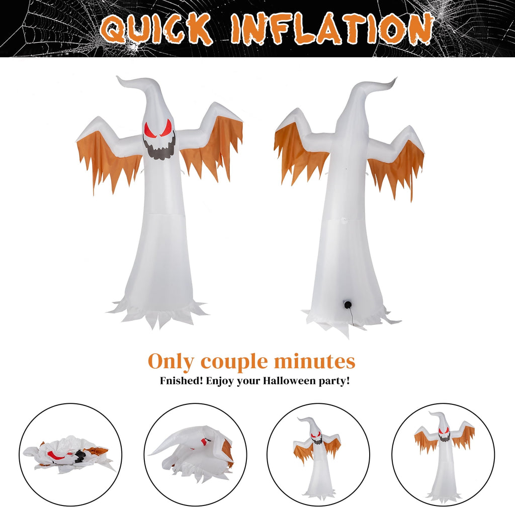 12FT Halloween Inflatables Ghost Outdoor Halloween Decoration w/ Scary Flames,4pcs LED Lights