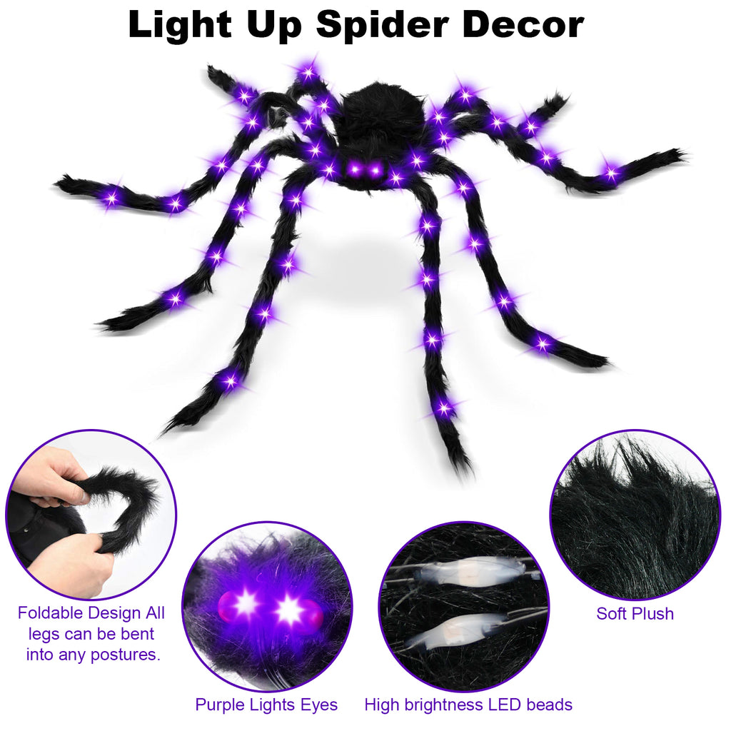 Spider Webs Halloween Decorations Outdoor, 50" Light Up Giant Spider + 276" Triangular Spider Webs, Yard Outdoor Halloween Decor