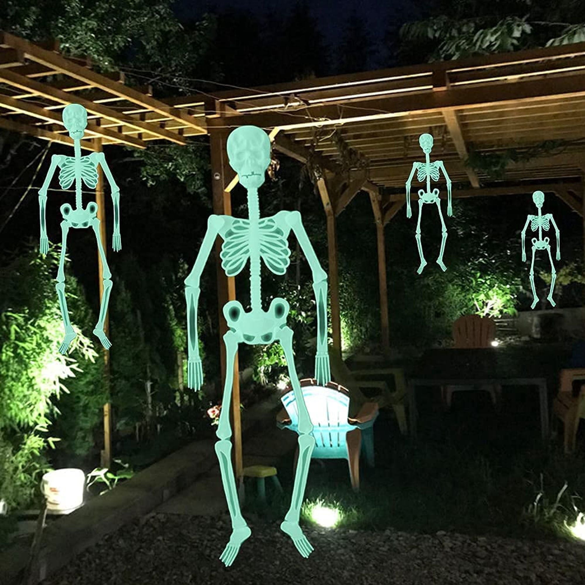 Deago 4 Pack Halloween Hanging Luminous Skeleton Decorations 5 Ft Full Body Glow-in-The-Dark Poseable Skeleton for Outdoor Yard Garden Hanging Halloween Props