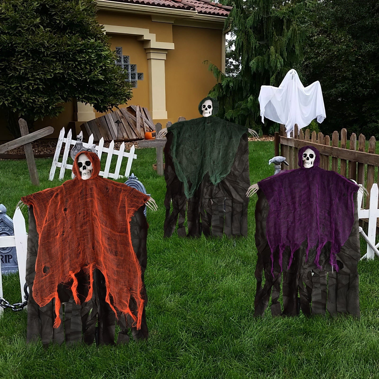 Nifti Nest Halloween Skeleton, 3 Pcs Ghost Decorations, Halloween Props, Halloween Yard Decorations, Black,Green,Red