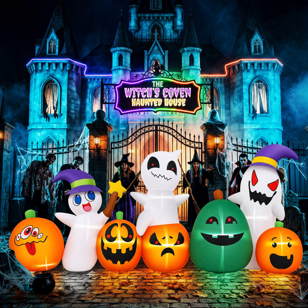 (2 pack) 7ft Long Halloween Inflatable with Lights,Pumpkin Ghost for Outdoor Decorations