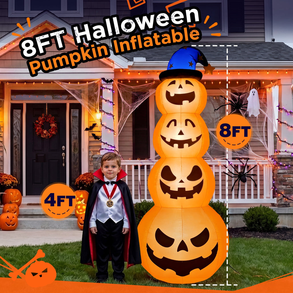8ft Halloween Inflatable, Stacked Pumpkins with Witch Hat and Built-in LED Lights, Outdoor Blow up Yard Decor for Lawn, Garden, Porch and Halloween Party, Orange
