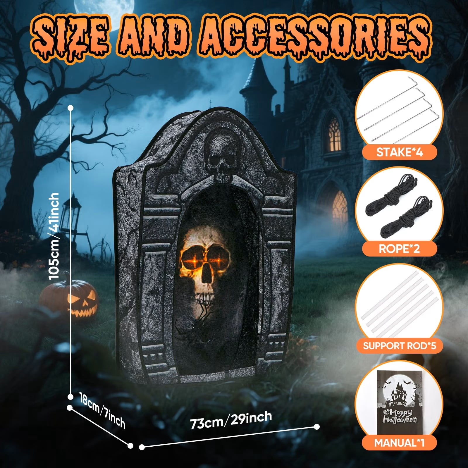 Wondiair 41" Halloween Skull Tombstone with Glowing LED Eyes, Foldable Outdoor Graveyard Decoration for Yard, Lawn, Cemetery & Haunted House