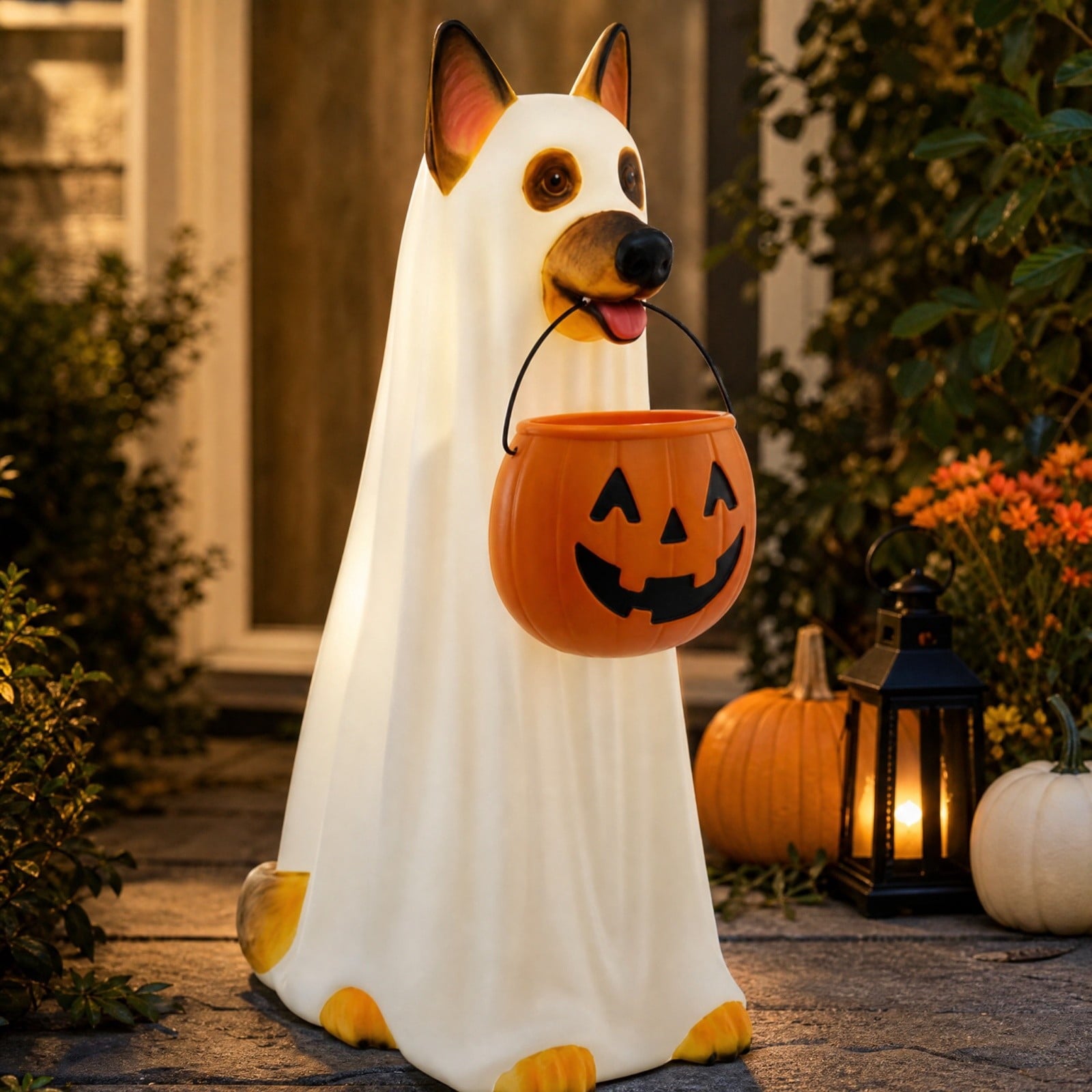 Clearance! Halloween Ghost Dog Statue with Pumpkin Candy Bowl, 14" LED Ghost German Shepherd Blow-Molded Figurine Outdoor, Halloween Candy Holder Decoration Gift for Porch Yard Patio Indoor