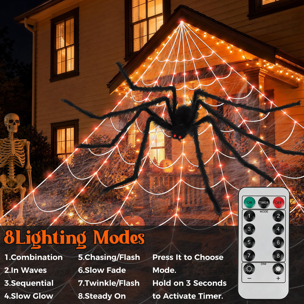 Scidweet Halloween Decorations Outdoor, 350 LED Halloween Spider Web Lights with 79" Large Spider for Outside Garden Yard Home Decor, Orange
