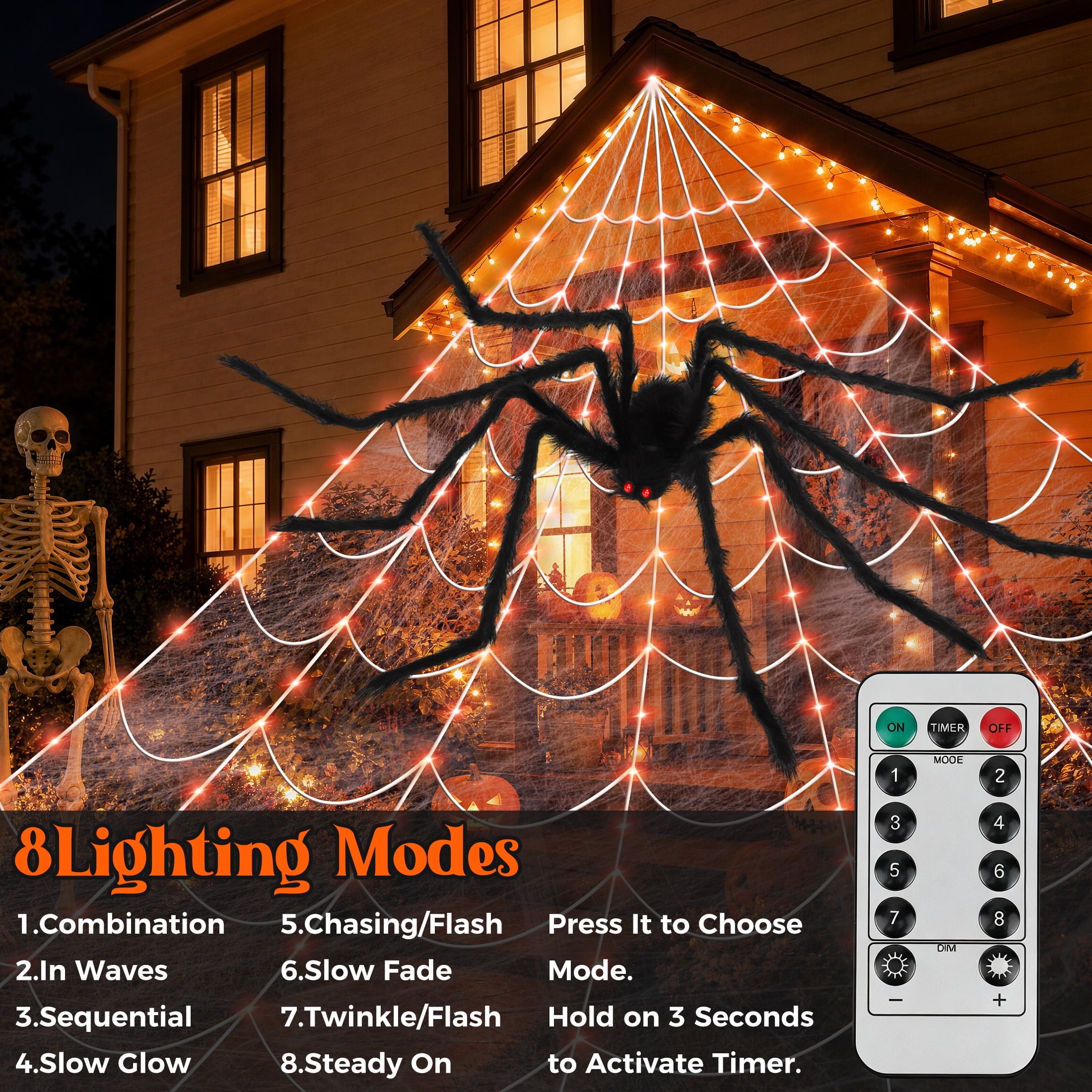 Scidweet Halloween Decorations Outdoor, 350 LED Halloween Spider Web Lights with 79" Large Spider for Outside Garden Yard Home Decor, Orange