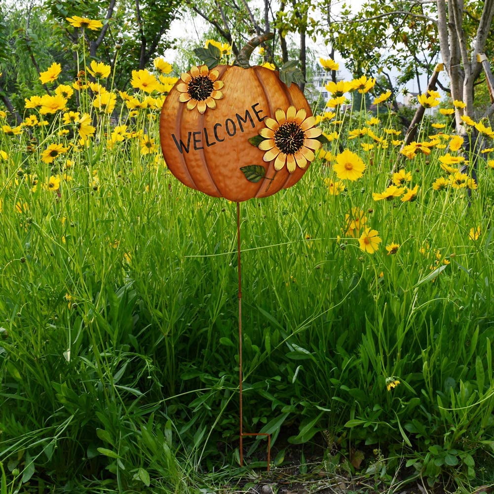Pumpkin Garden Stake Metal Welcome Sign Fall Decor, Decorative Pumpkin Yard Garden Dcor Outdoor for Autumn Harvest Thanksgiving Halloween Rustic Pumpkin Decoration for Home (1, 14inX36.75in)
