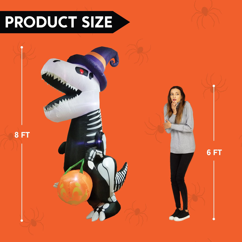 8 FT Halloween Inflatable Skeleton Dinosaur with Build-in LEDs Pumpkin Decorations,Halloween Outdoor Decorations Blow up Yard Decorations