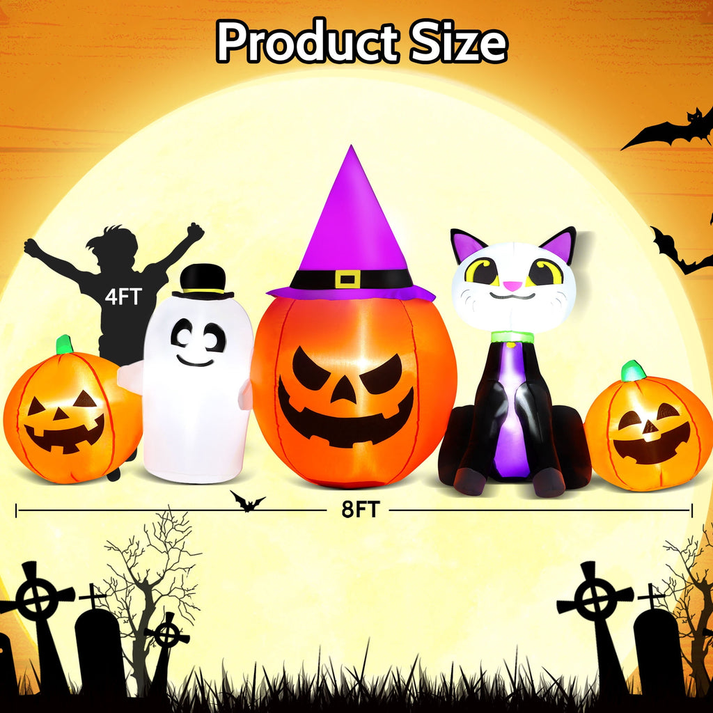 8ft Halloween Inflatable Pumpkins Outdoor Decor with Black Cat and Spectre,Built-in LED Lights,for Halloween Party,Yard,Garden,Lawn