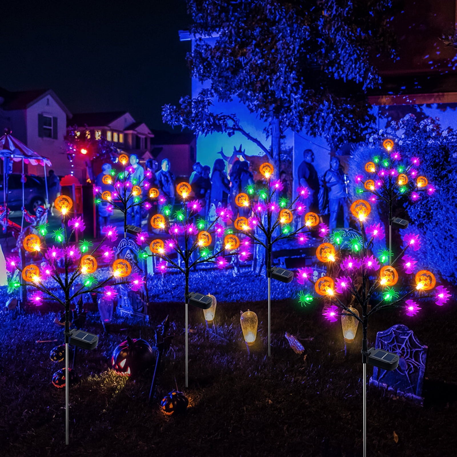 2 packs 40 LED Solar Halloween Lights, 2 Modes Halloween Bats Spiders Pumpkin Lights for Outdoor Decorations, Waterproof Stakes for Garden Yard Pathway Walkway