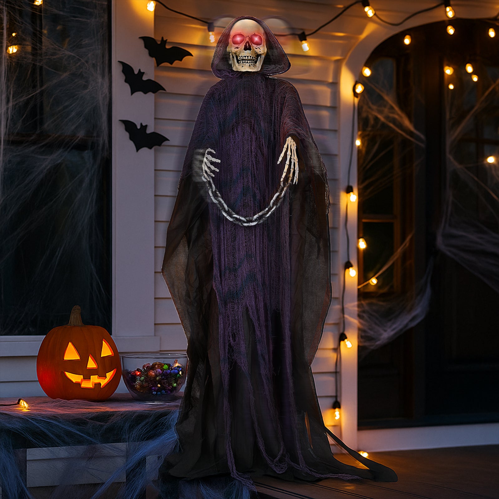 6' Halloween Decorations Animatronics Grim Reaper, Sound-Actived Party Deco for Garden Yard Lawn