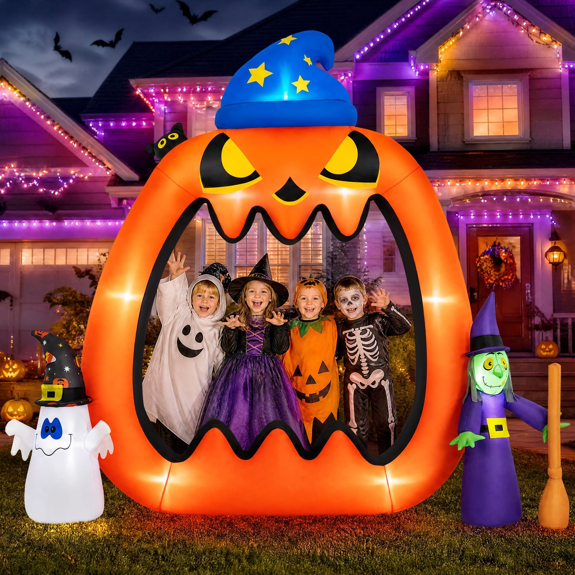 8.2ft Halloween Inflatable Pumpkins Photo Door with Ghost Witch Yard Party Outdoor Decorations with LED Lights
