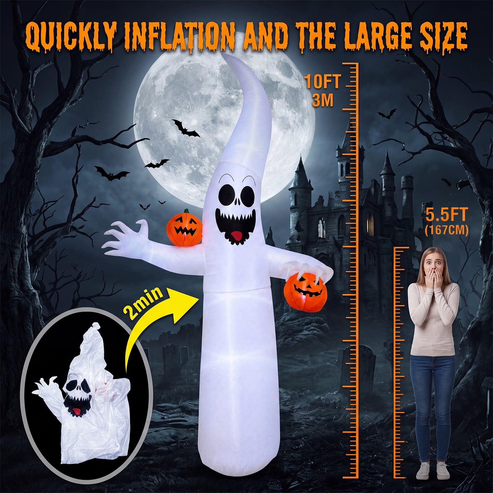VETPW Halloween Inflatable, 10 FT Giant Ghost Pumpkin Arch Inflatable Decoration with LED Light for Outdoor, Holiday, Party, Yard, Garden Patio Lawn Outside Decor
