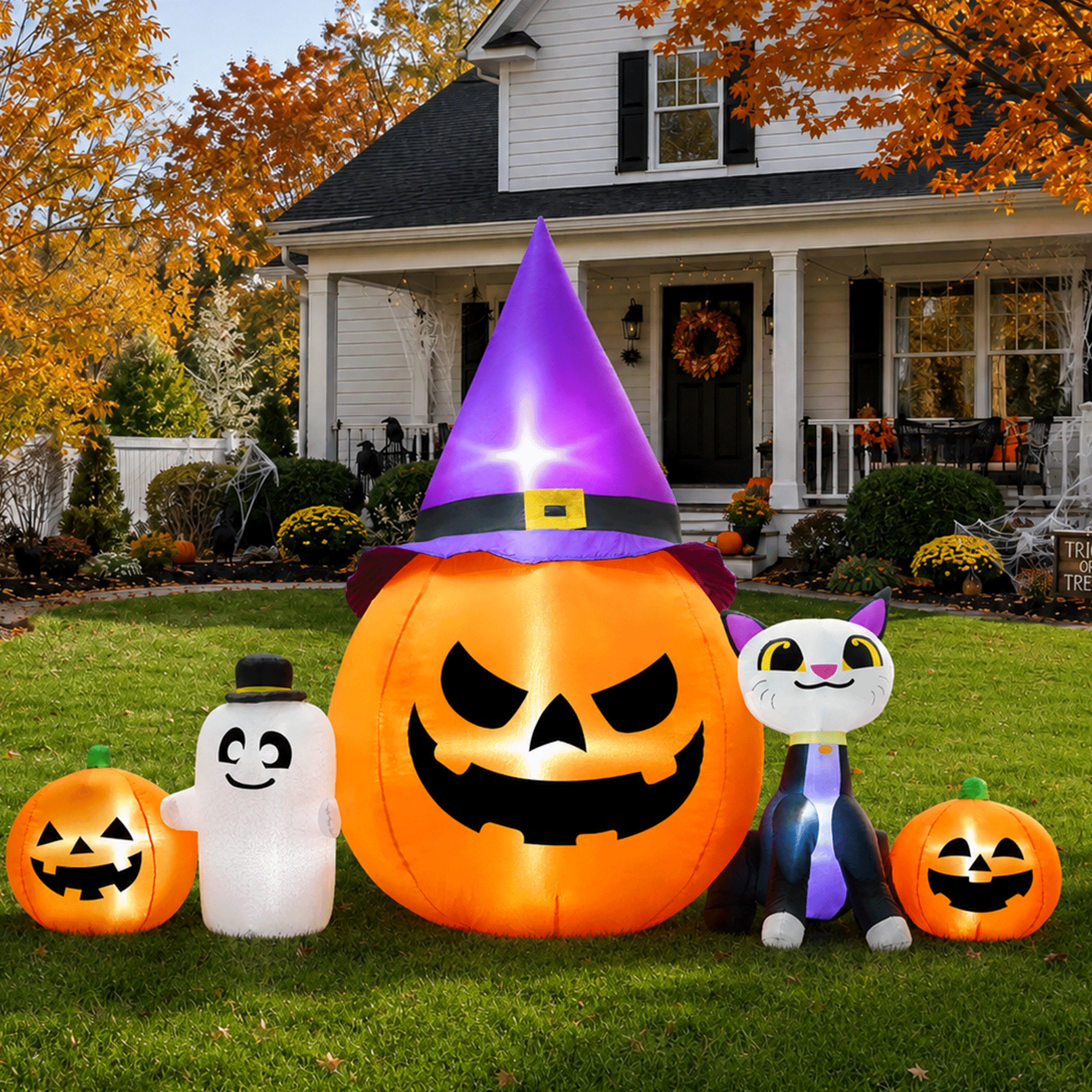 8ft Halloween Inflatable Pumpkin & Black Cat Ghost with LED Lights  Outdoor Yard & Garden Decoration