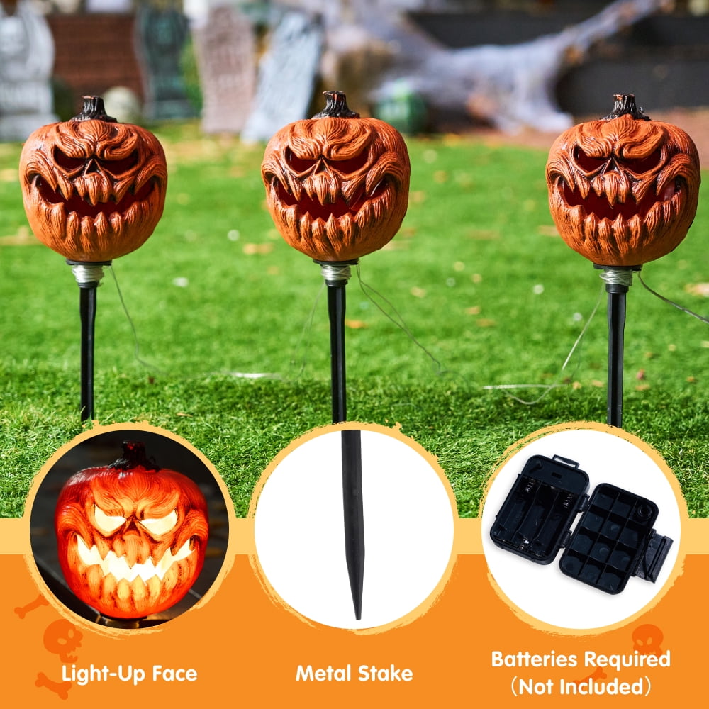 3 Pack Halloween Decorations Lighted Pumpkin Pathway Lights Stakes,Outdoor Jack-O-Lantern Waterproof Decorations,Scary Halloween Party Props Outdoor Yard Decor