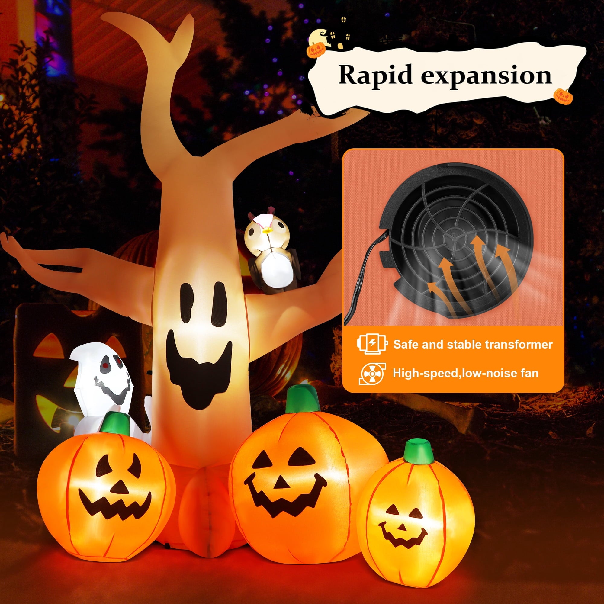 8FT Halloween Inflatables Dead Tree,Outdoor Halloween Decorations with Built-in LED Lights,Halloween Blow Up Yard Decorations with Pumpkin,Ghost,and Owl