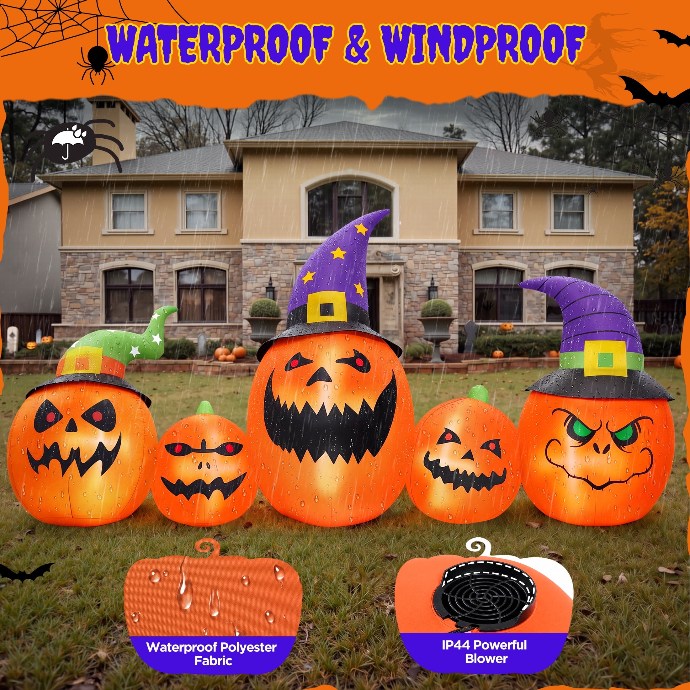 (2 pack) 8FT Halloween Inflatable Pumpkins Blow ups Outdoor Decorations, Five Pumpkins with LED Lights for Party Yard