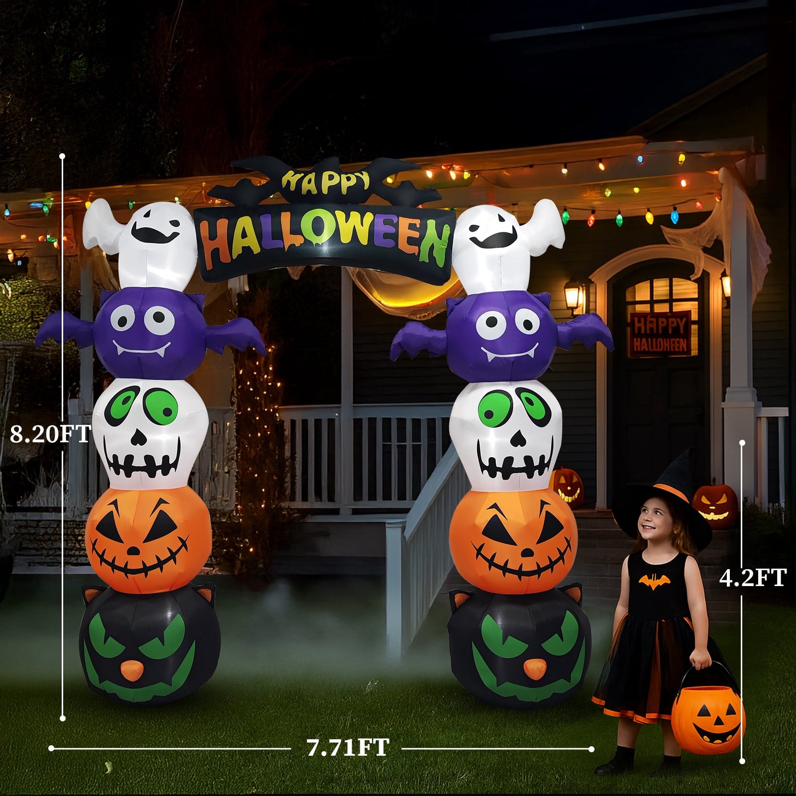 8.2' Halloween Inflatables Pumpkin Ghost Archway, Blow up Hallowee Decorations with Built-in LED Lights for Holiday
