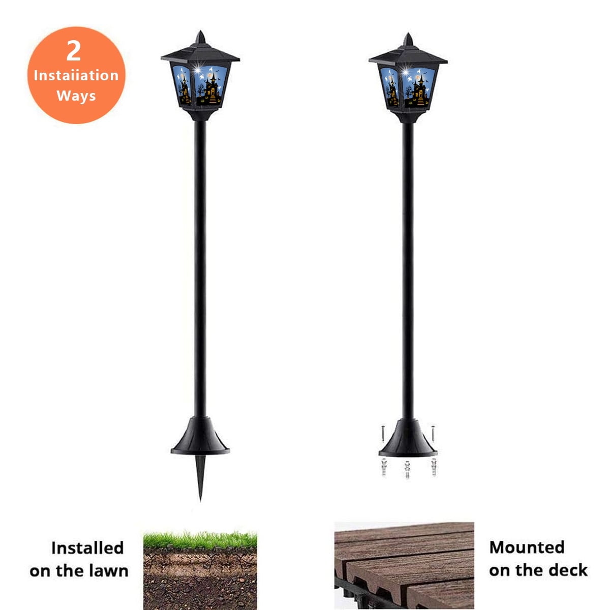 2-Pack Haunted House Solar Post Lights - Spooky Halloween Decoration with Eerie Glow, 40" Rust-Proof Stake, Auto On/Off for Outdoor Yard