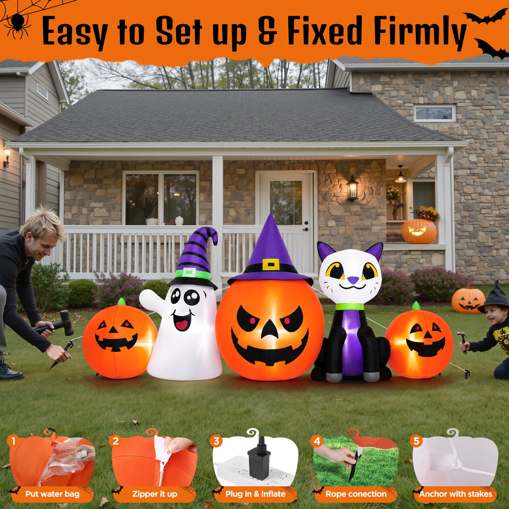 (2 pack) 8FT Halloween Inflatable Pumpkins Ghost Cat with Lights,Blow ups Outdoor Decorations for Yard