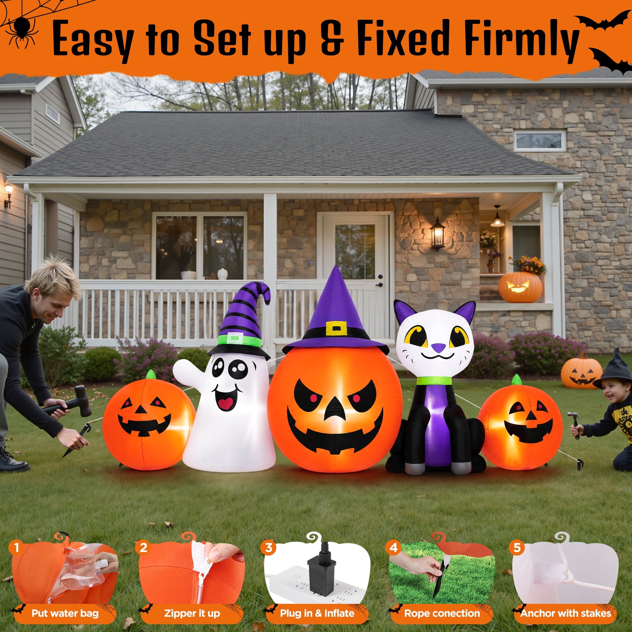 (2 pack) 8FT Halloween Inflatable Pumpkins Ghost Cat with Lights,Blow ups Outdoor Decorations for Yard