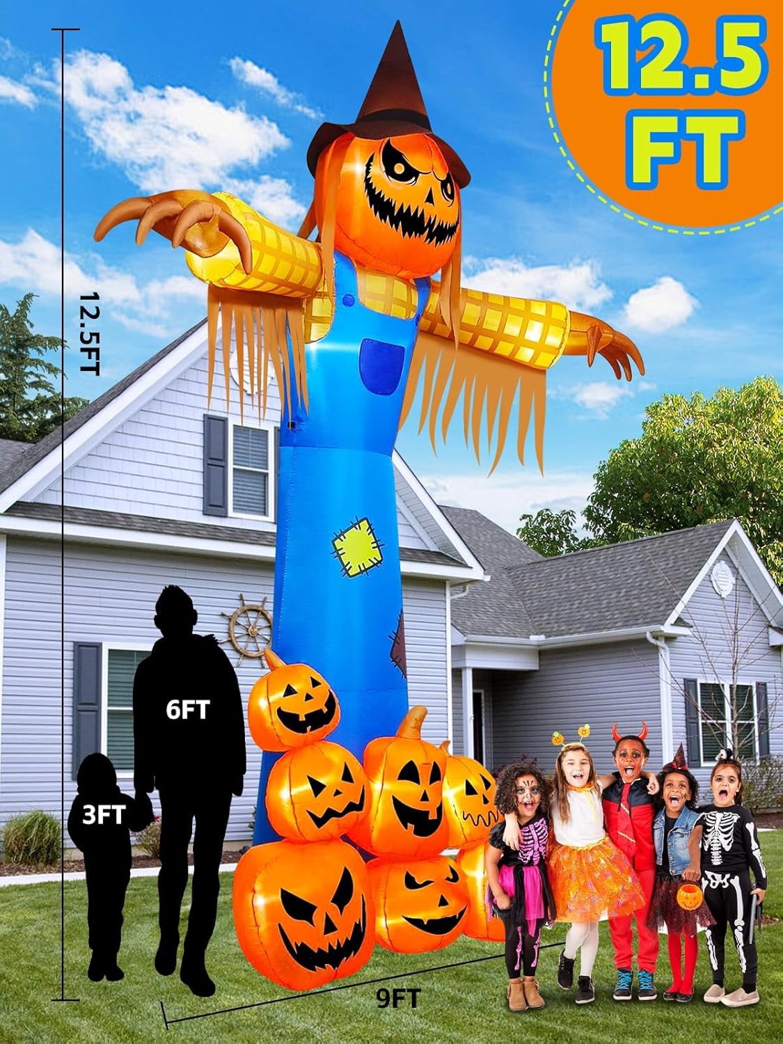 12.5 FT Halloween Inflatables with Music, Giant Pumpkin Scarecrow Inflatable with LED Light Blow Up Yard Decor with Scary Sound for Outdoor Garden Lawn Holiday Party Supplies