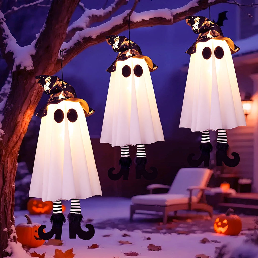18In Set of 3 Halloween Hanging Ghosts,Halloween Decorations Outdoor Hanging Ghosts with Witch Hat,Glowing Ghost Witch Hat Lights Halloween Ghost Decor for Yard Patio Garden Tree Outside