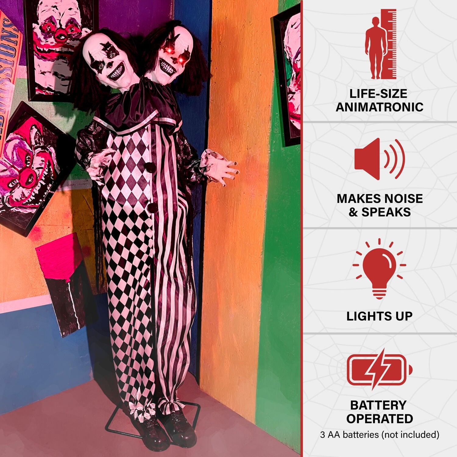 Lifesize 5.5 ft Animatronic Two-Headed Clown with Lights and Sound, Indoor/Outdoor Halloween Decoration, HHCLOWN-37FLSA