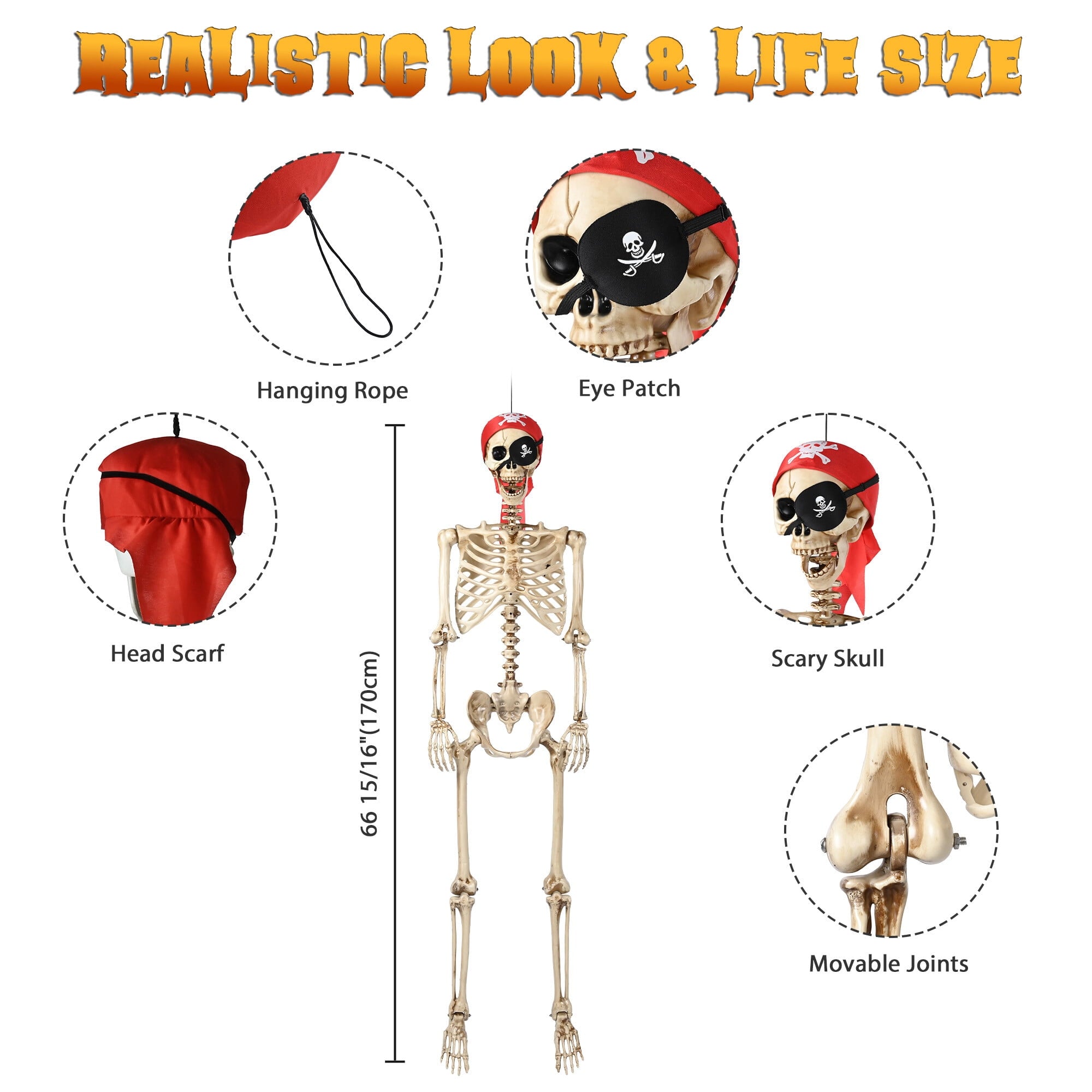 Yescom Pirate Life Size Skeleton Poseable Full Size 5.6 Ft Halloween Party Decorations Haunted House 2026