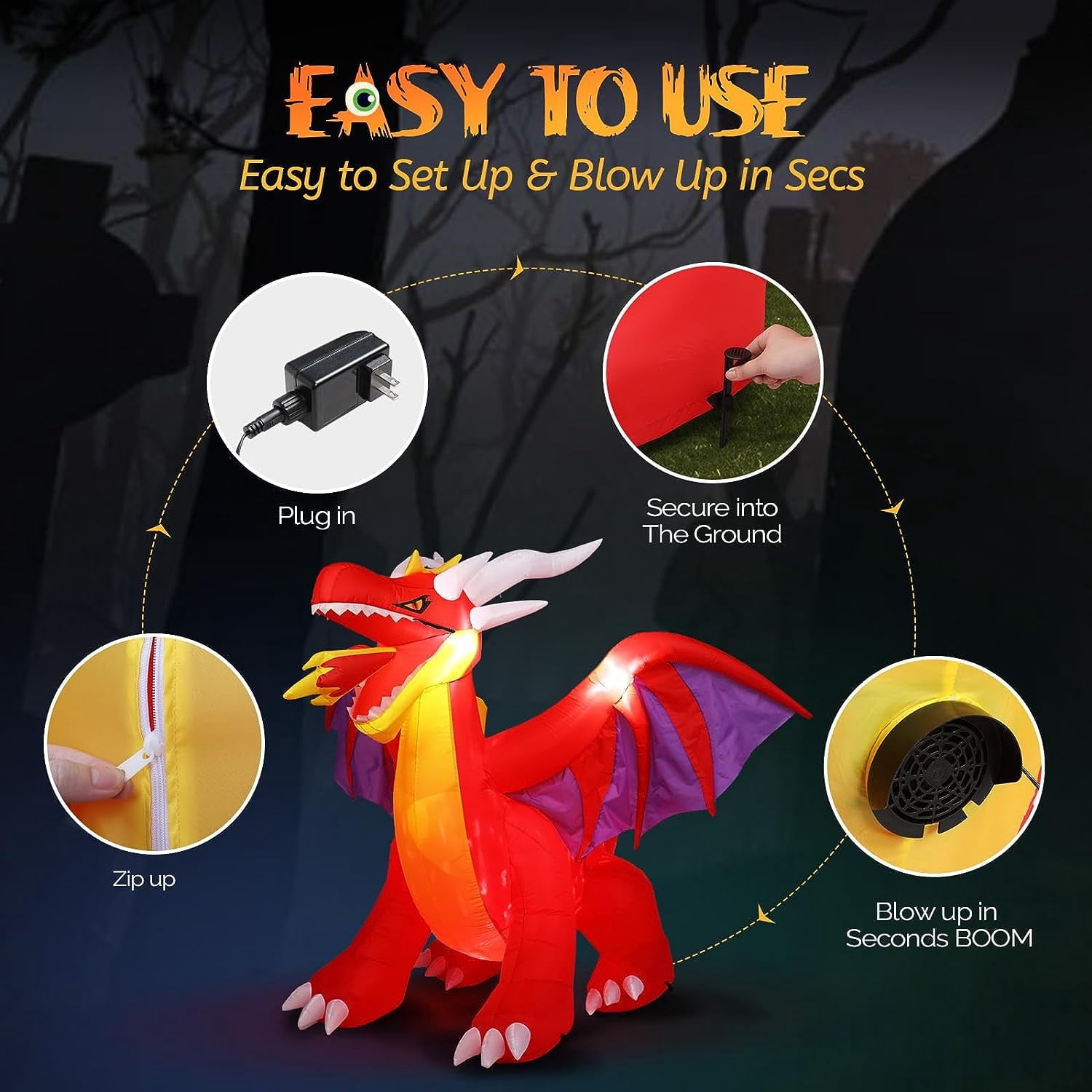 VINGLI 6FT Tall Halloween Inflatables Outdoor Decorations, Blow Up Scary Fire-Breathing Dragon Halloween Yard Decorations, Built-in LED Lights Décor for Indoor Home Party Garden Lawn Store
