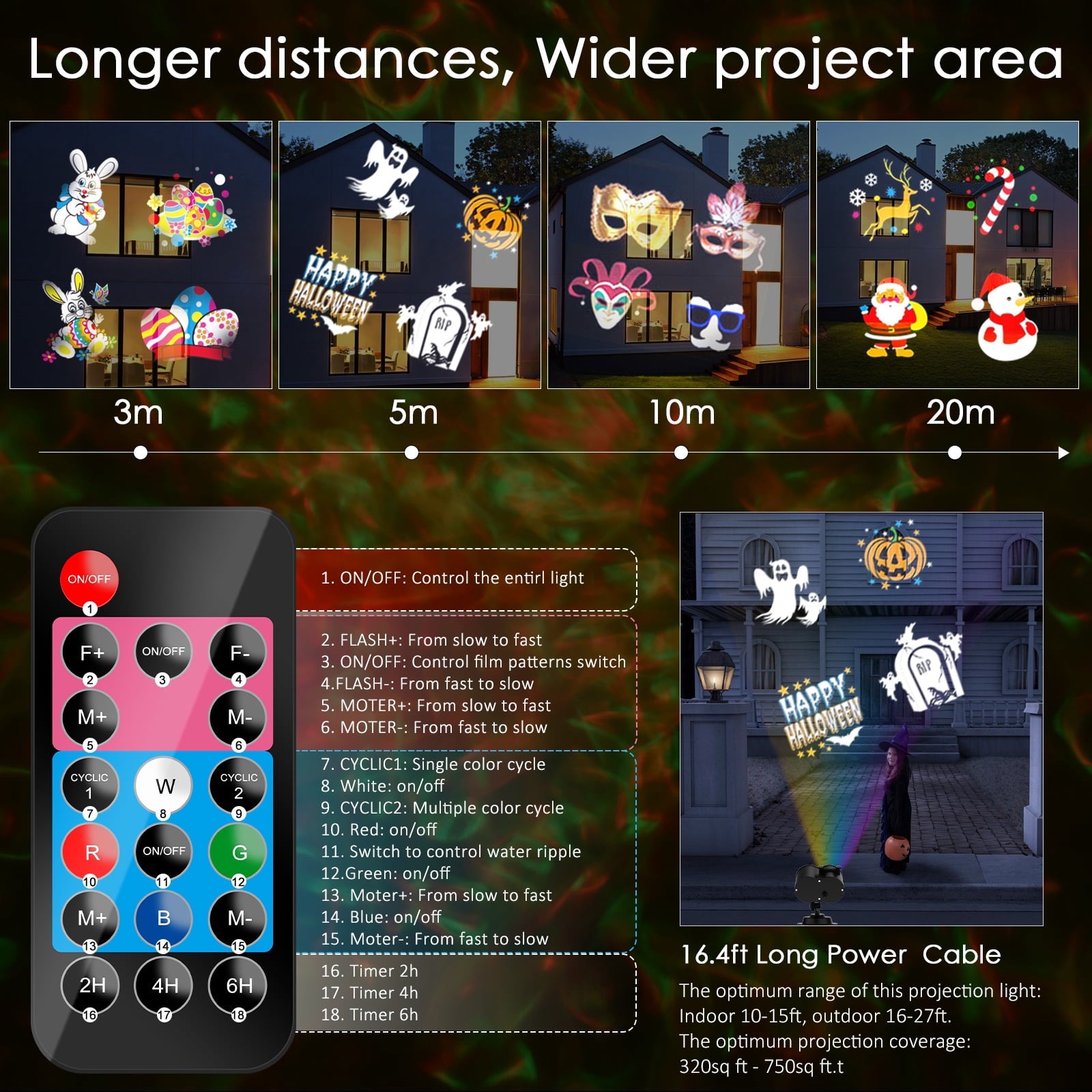 Outdoor HD projector light, remote control 16 switchable modes, Christmas Halloween celebrations, birthdays, weddings and parties, waterproof light show