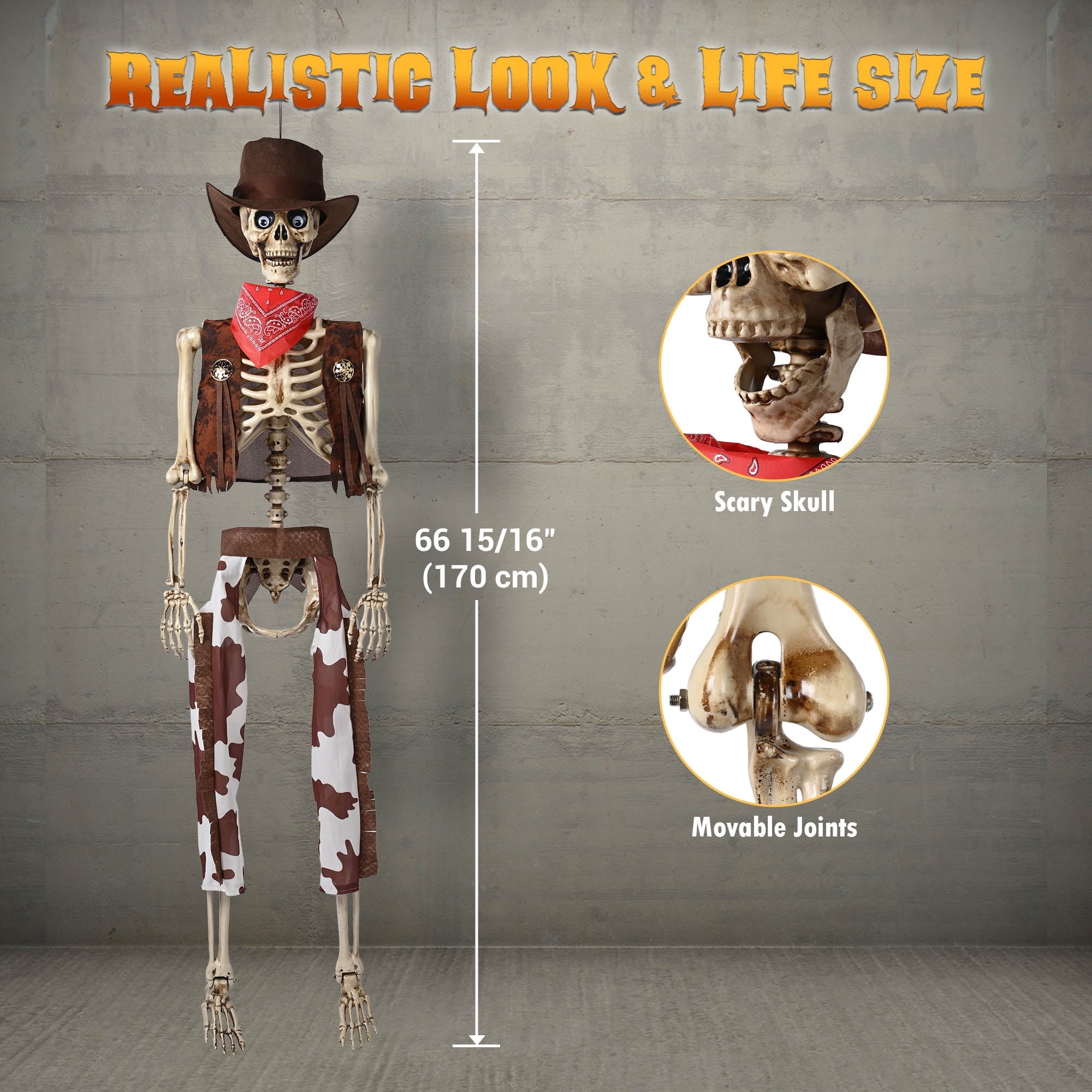 Yescom Halloween 5.6Ft Life Size Skeleton Cowboy Detailed Costume Outdoor Indoor Haunted House Props Decor 2026