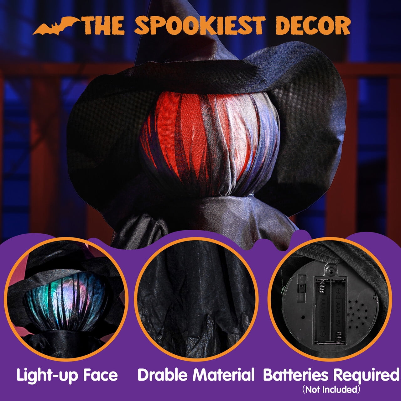 3 Pack Witches Halloween Decorations Outdoor, 51" Sound Activated Light Up Flying Witch Stakes with Color Changing Face & Creepy Sound, Life Size Halloween Props for Lawn Grave Party