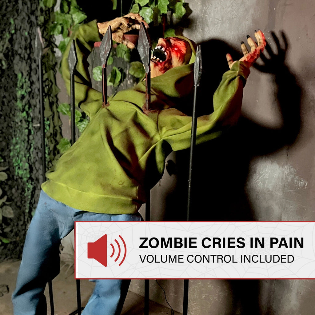 4.4 ft Voice-Sensor Impaled Zombie Halloween Animatronic, HHIMPZOMB-1FLSA