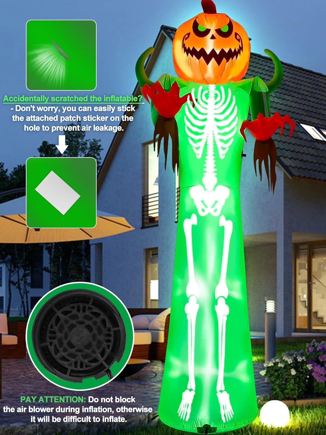 12FT Halloween Inflatable with LED Lights  Giant Pumpkin & Skeleton Outdoor Decoration for Yard, Lawn, Home, & Party  Scary Blow-Up Halloween Holiday Decor