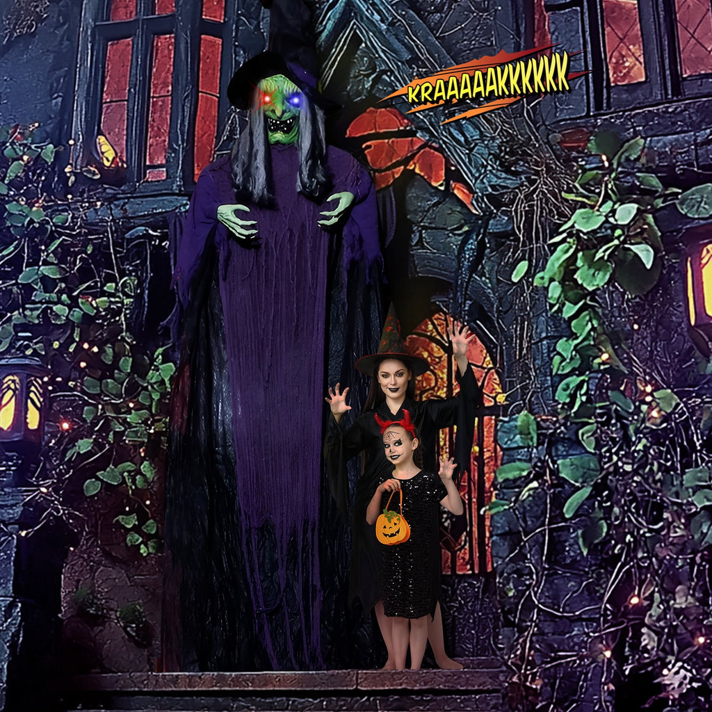 12FT Halloween Animatronic Witch Standing Outdoor Halloween Decoration w/ Green Eyes,Scary Sounds