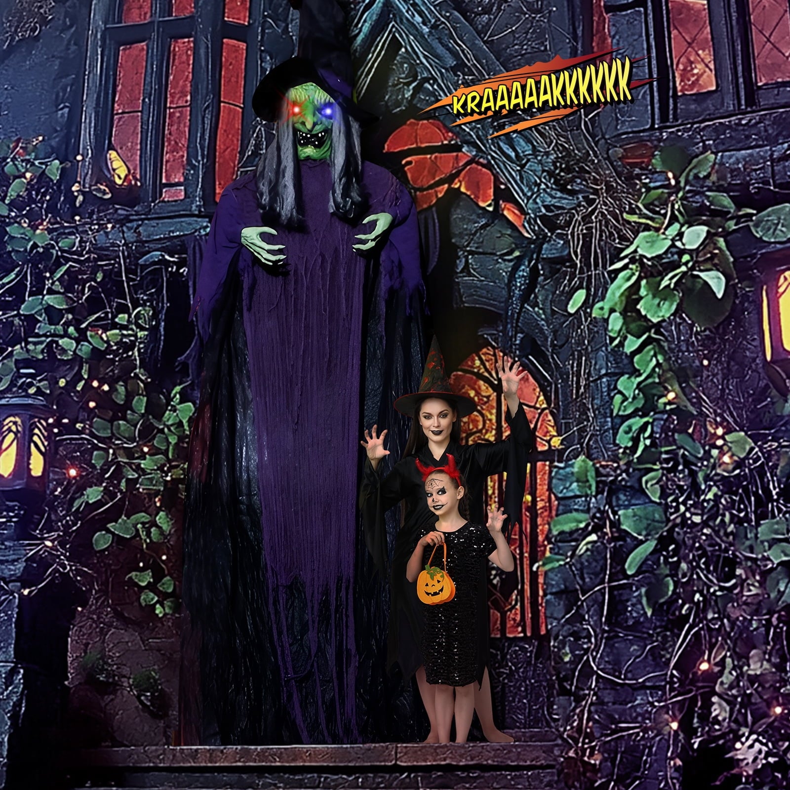 12FT Halloween Animatronic Witch Standing Outdoor Halloween Decoration w/ Green Eyes,Scary Sounds