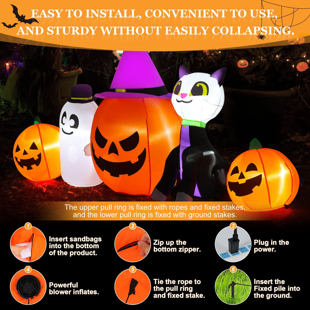 8ft Halloween Inflatable Pumpkins Outdoor Decor with Black Cat and Spectre,Built-in LED Lights,for Halloween Party,Yard,Garden,Lawn