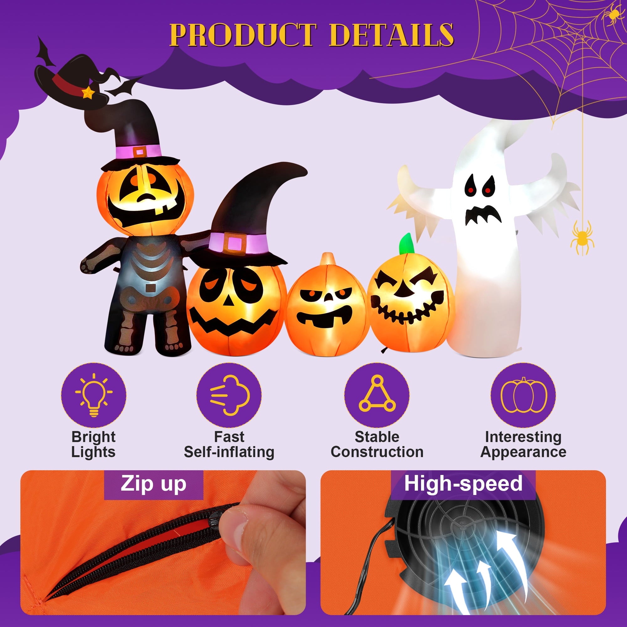 Vrilay Halloween Inflatables, 7 FT Long 4 Pumpkins with Cute White Ghost Outdoor Decorations, Built-in LEDs, Blow Up Party, Waterproof Yard, Garden, Lawn Decor