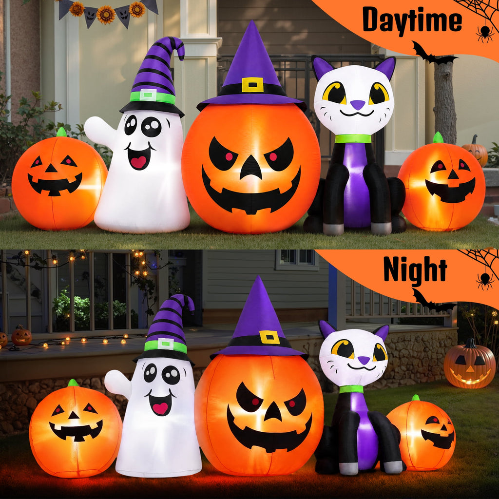 (2 pack) 8FT Halloween Inflatable Pumpkins Ghost Cat with Lights,Blow ups Outdoor Decorations for Yard