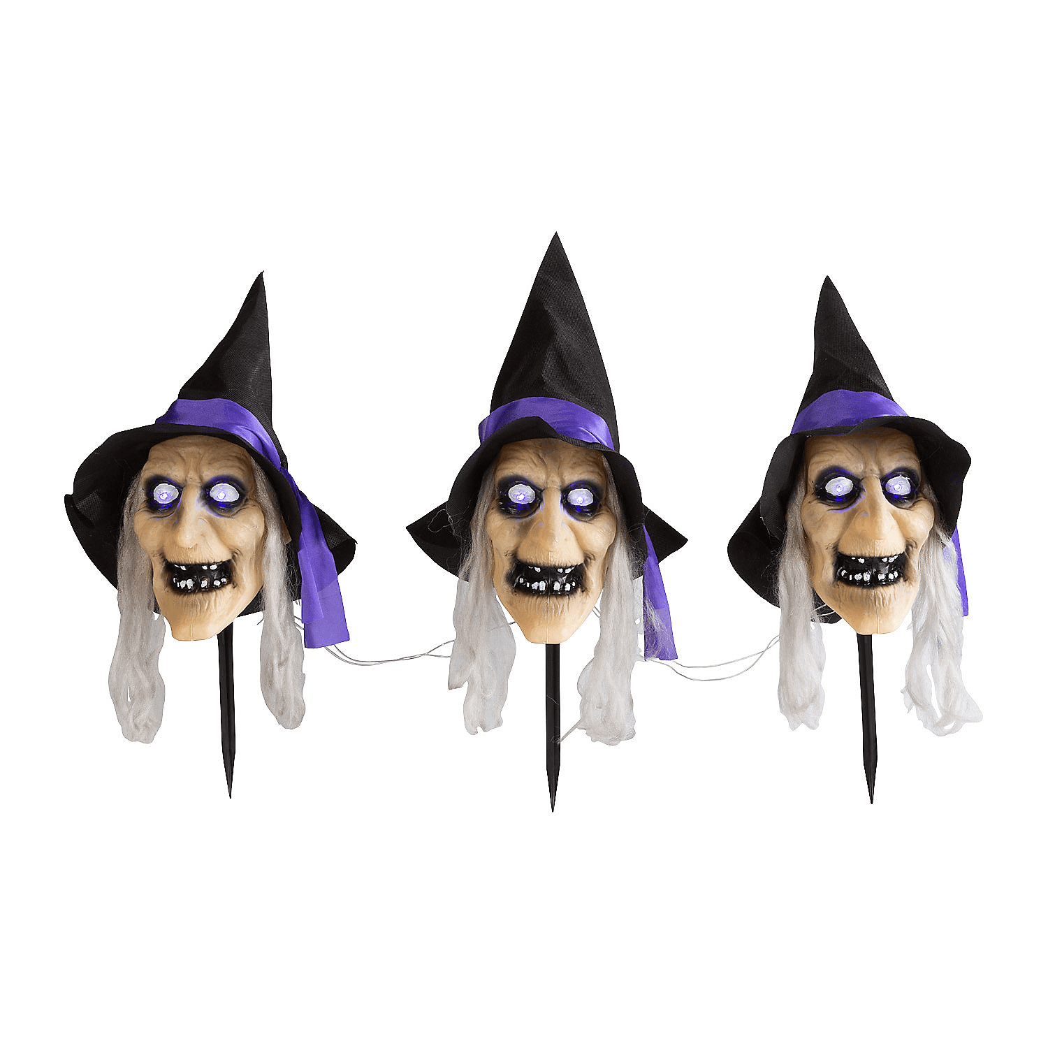 Light-Up Witch Head Yard Stake Halloween Decorations - 3 Pieces