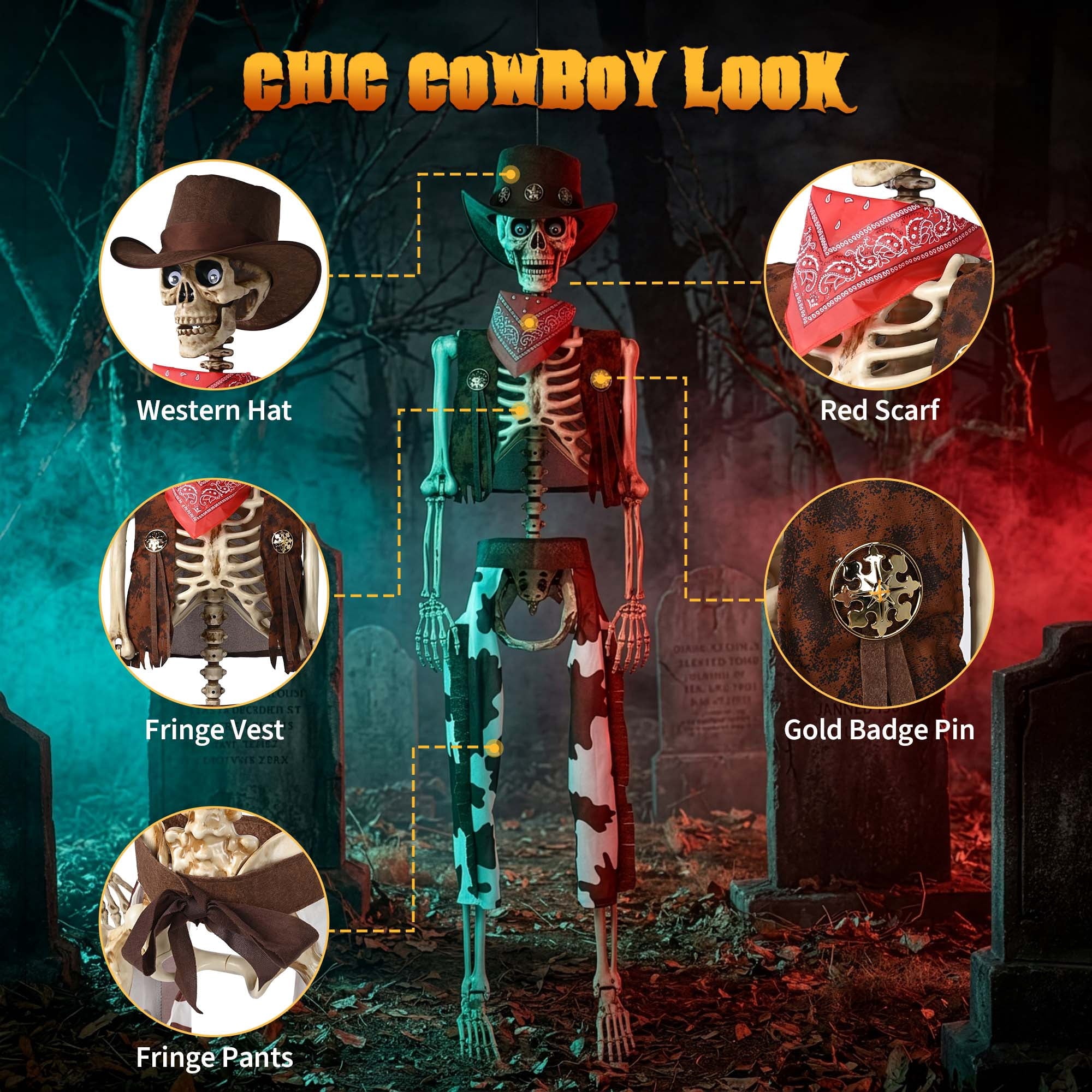 Yescom Halloween 5.6Ft Life Size Skeleton Cowboy Detailed Costume Outdoor Indoor Haunted House Props Decor 2026