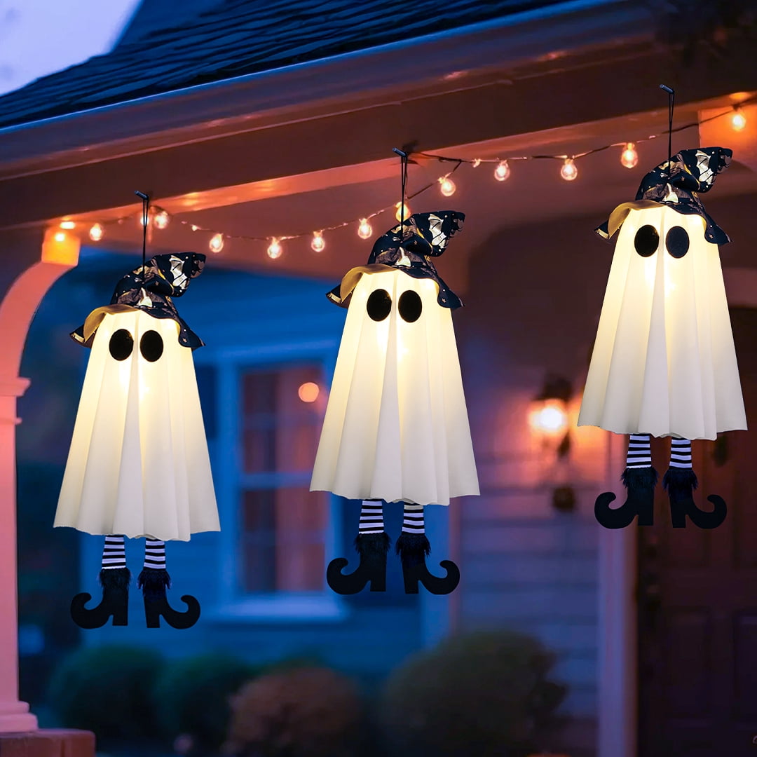 18In Set of 3 Halloween Hanging Ghosts,Halloween Decorations Outdoor Hanging Ghosts with Witch Hat,Glowing Ghost Witch Hat Lights Halloween Ghost Decor for Yard Patio Garden Tree Outside