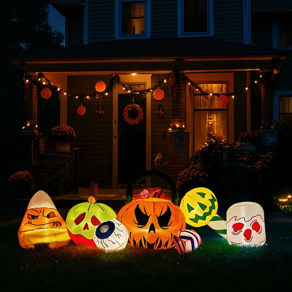 8FT Halloween Inflatable Pumpkin Ghost Scene, Waterproof Polyester, Quick Inflation with Stakes/Ropes for Yard/Garden/Indoor